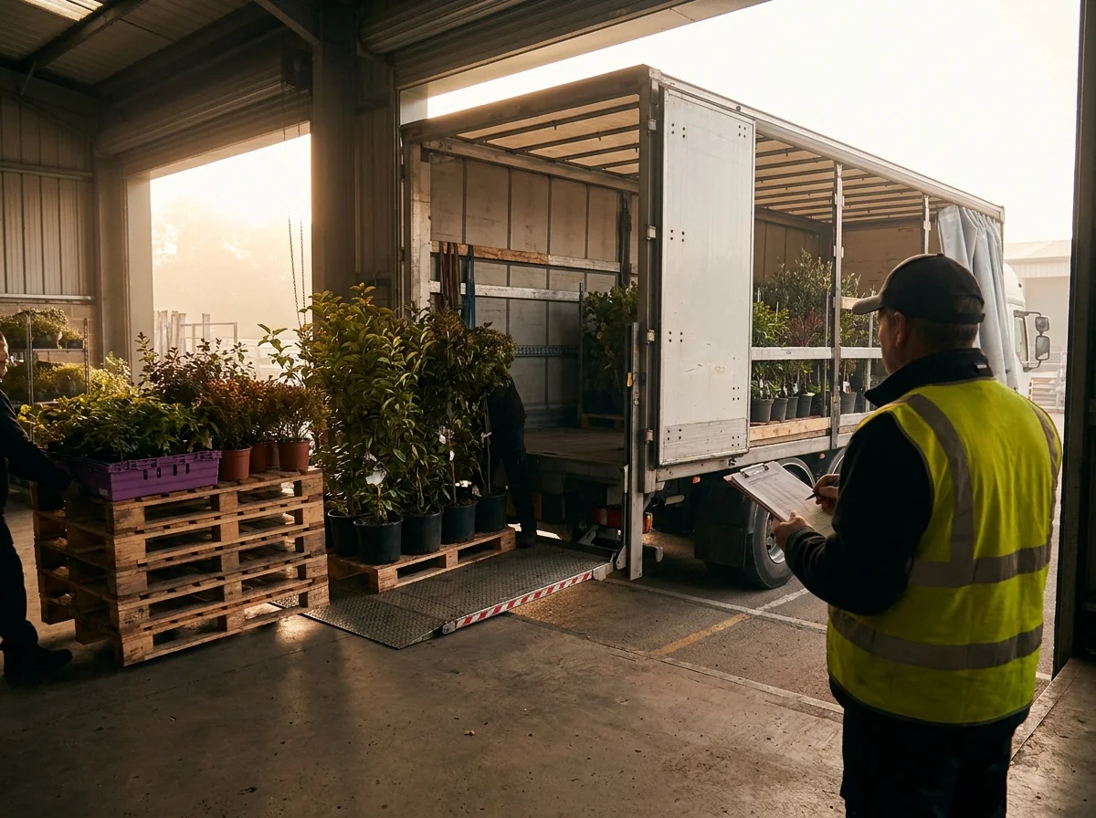 A heavy goods vehicle being loaded with nursery pallets at a dispatch dock