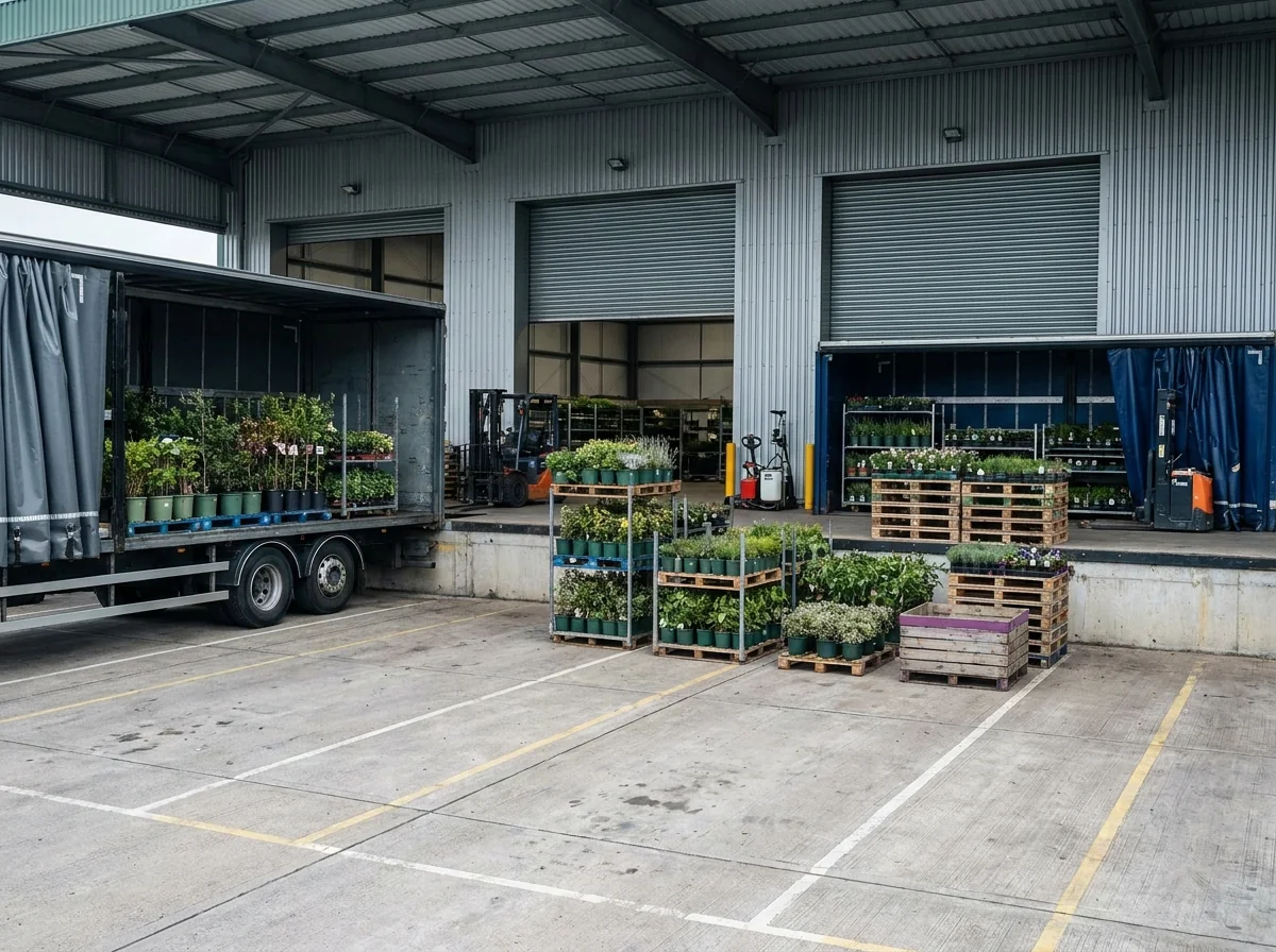 Staged pallets of plants on a pump truck in a nursery dispatch warehouse
