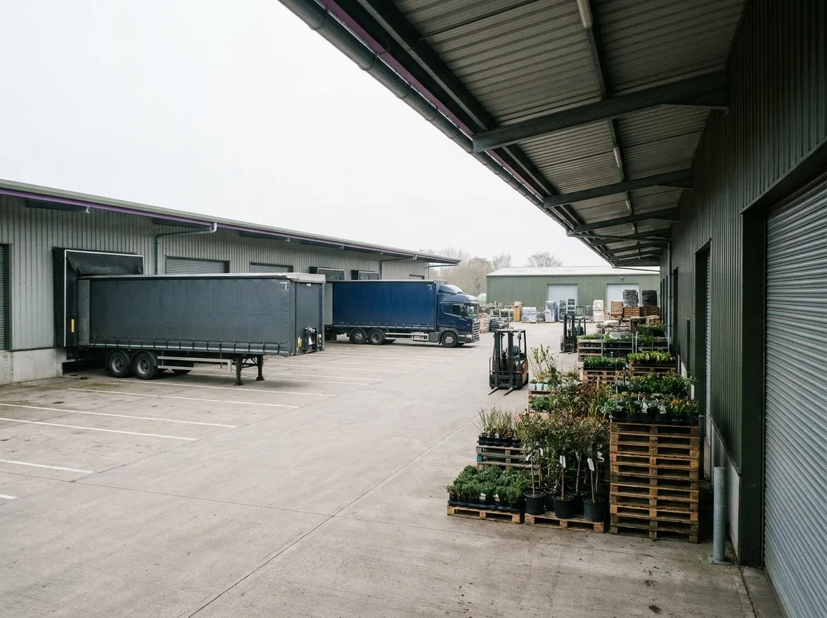 Curtainsider lorry loading pallets of potted plants at a nursery dispatch dock