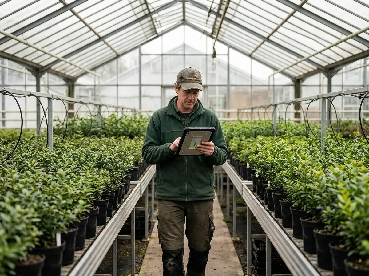 A grower walking a greenhouse aisle with a handheld device among young potted plants