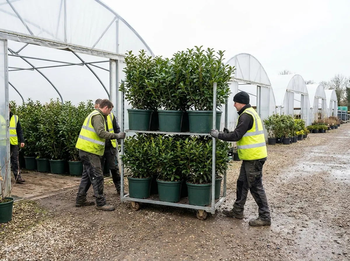 Mature potted shrubs being moved out of a growing tunnel onto a nursery standing area