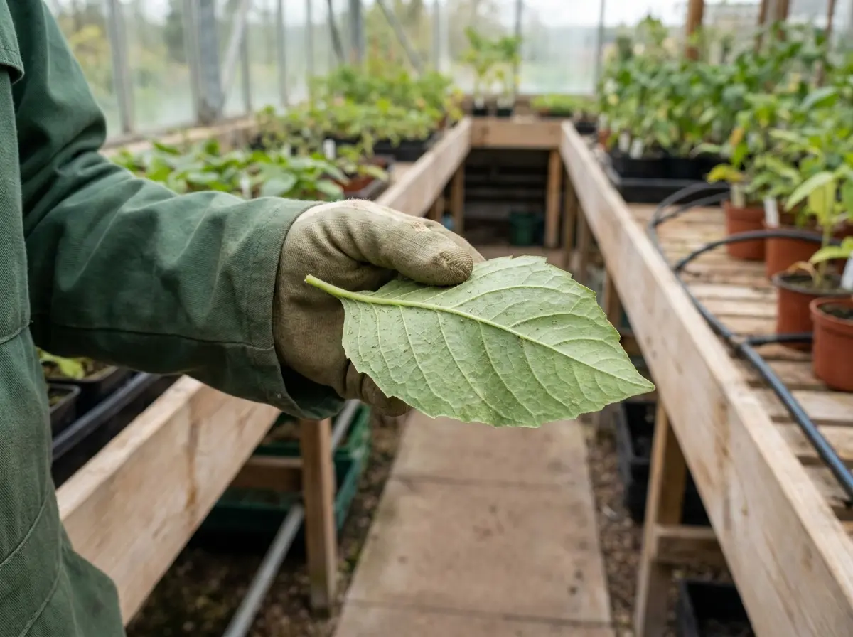 A close inspection of the underside of a leaf for pests in a commercial glasshouse