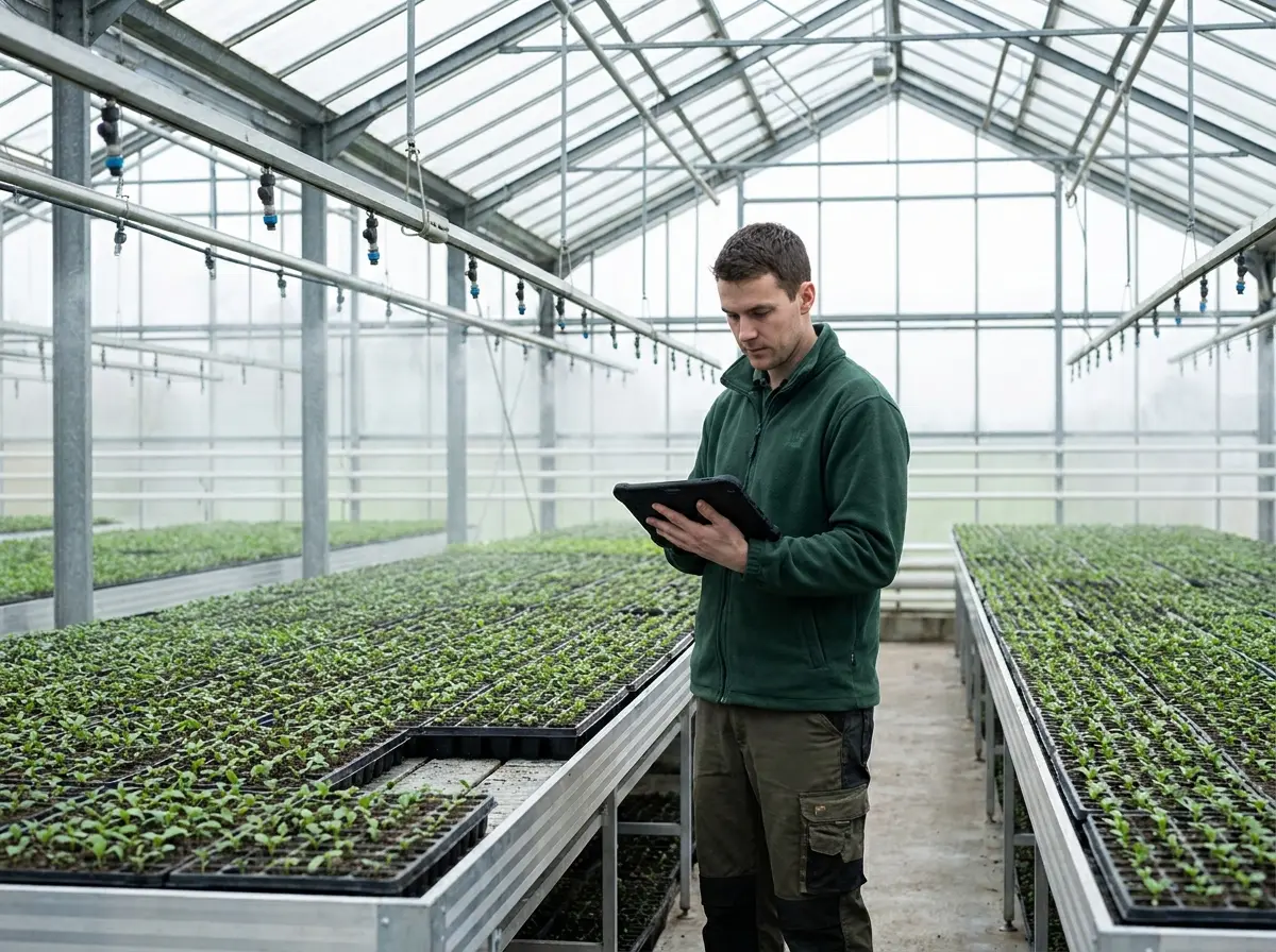 Rows of young plants in a propagation house with a member of staff checking a handheld screen
