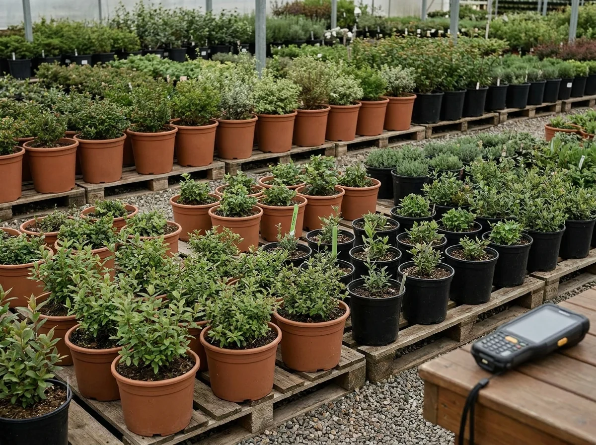 Neatly arranged rows of potted plants in a nursery yard during a stock count
