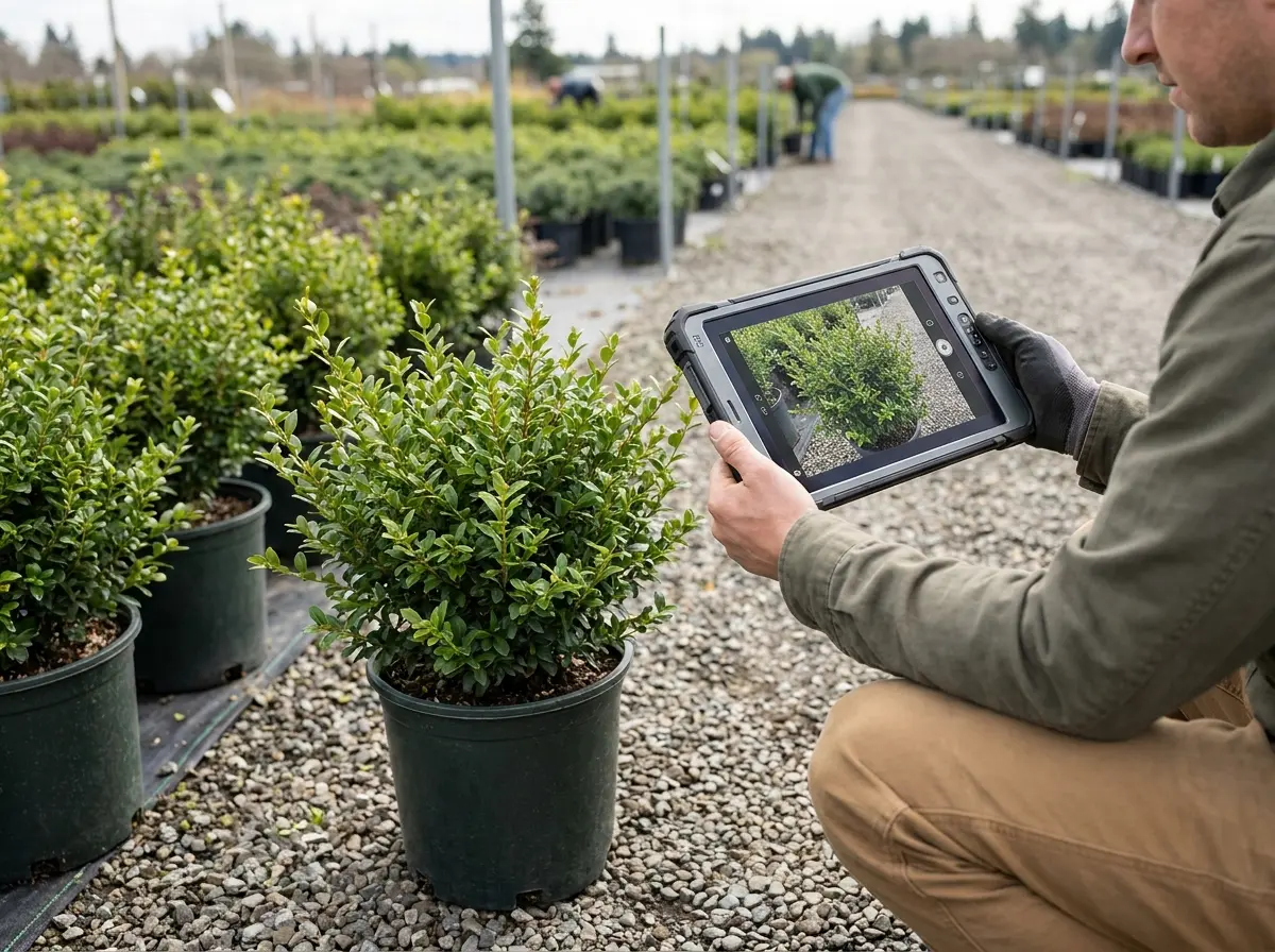 A member of nursery staff photographing a potted shrub with a handheld device