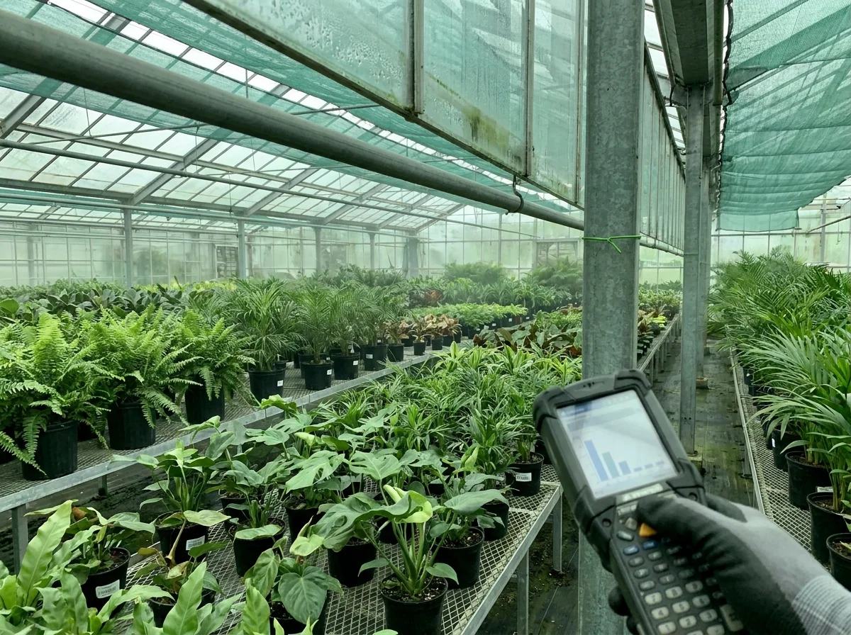 A handheld scanner used among rows of potted plants in a commercial greenhouse