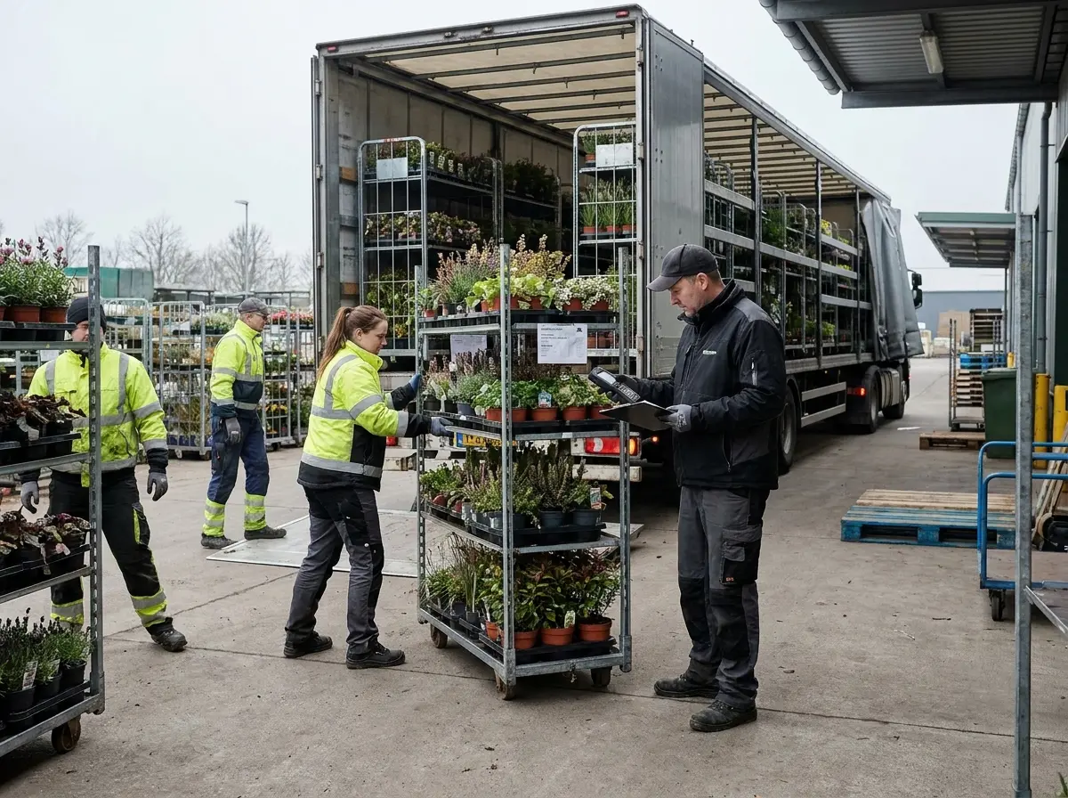 Nursery staff checking trolleys of plants off a delivery lorry at a loading bay