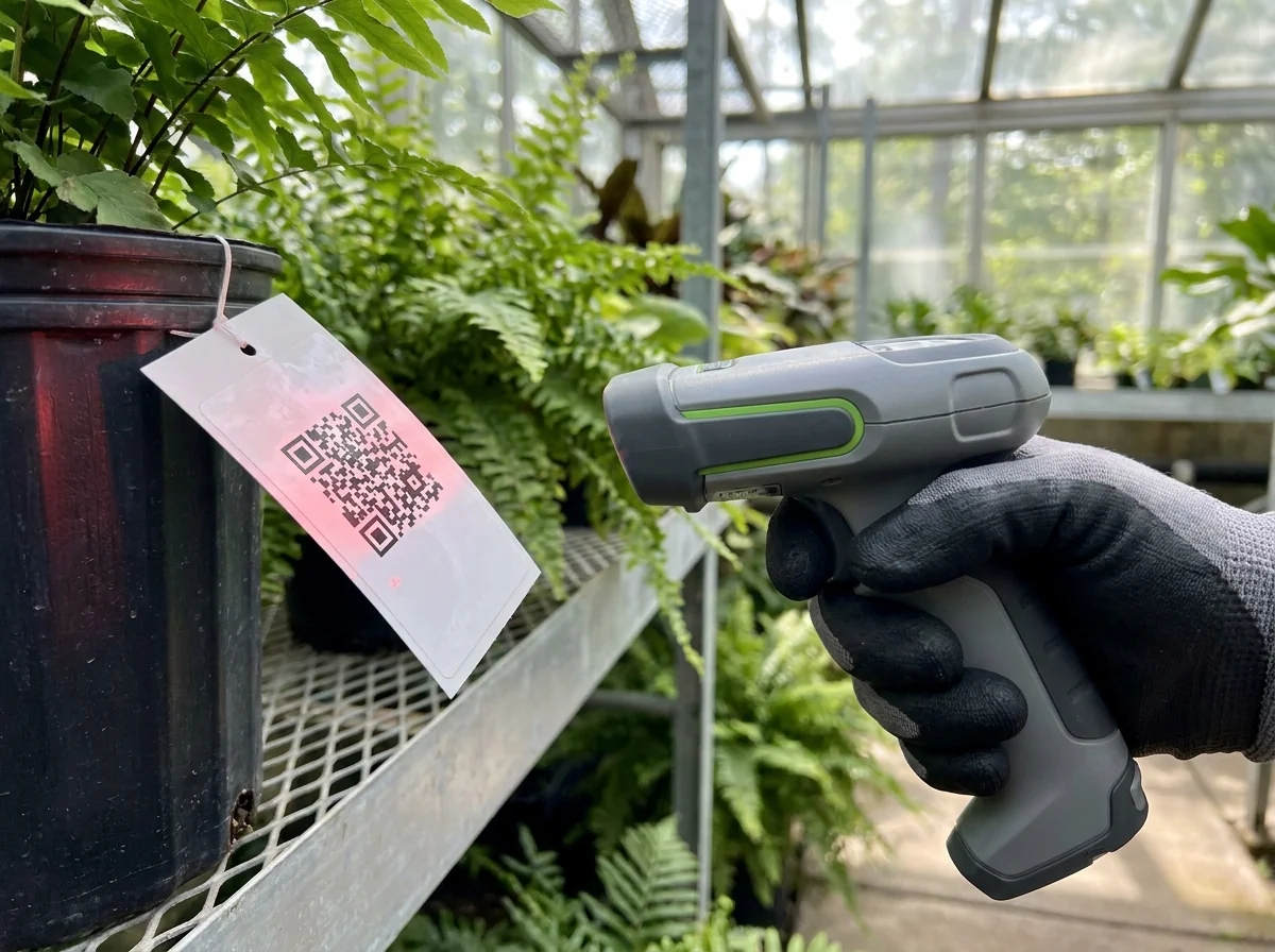 A barcode scanner reading a QR code label on a nursery plant container