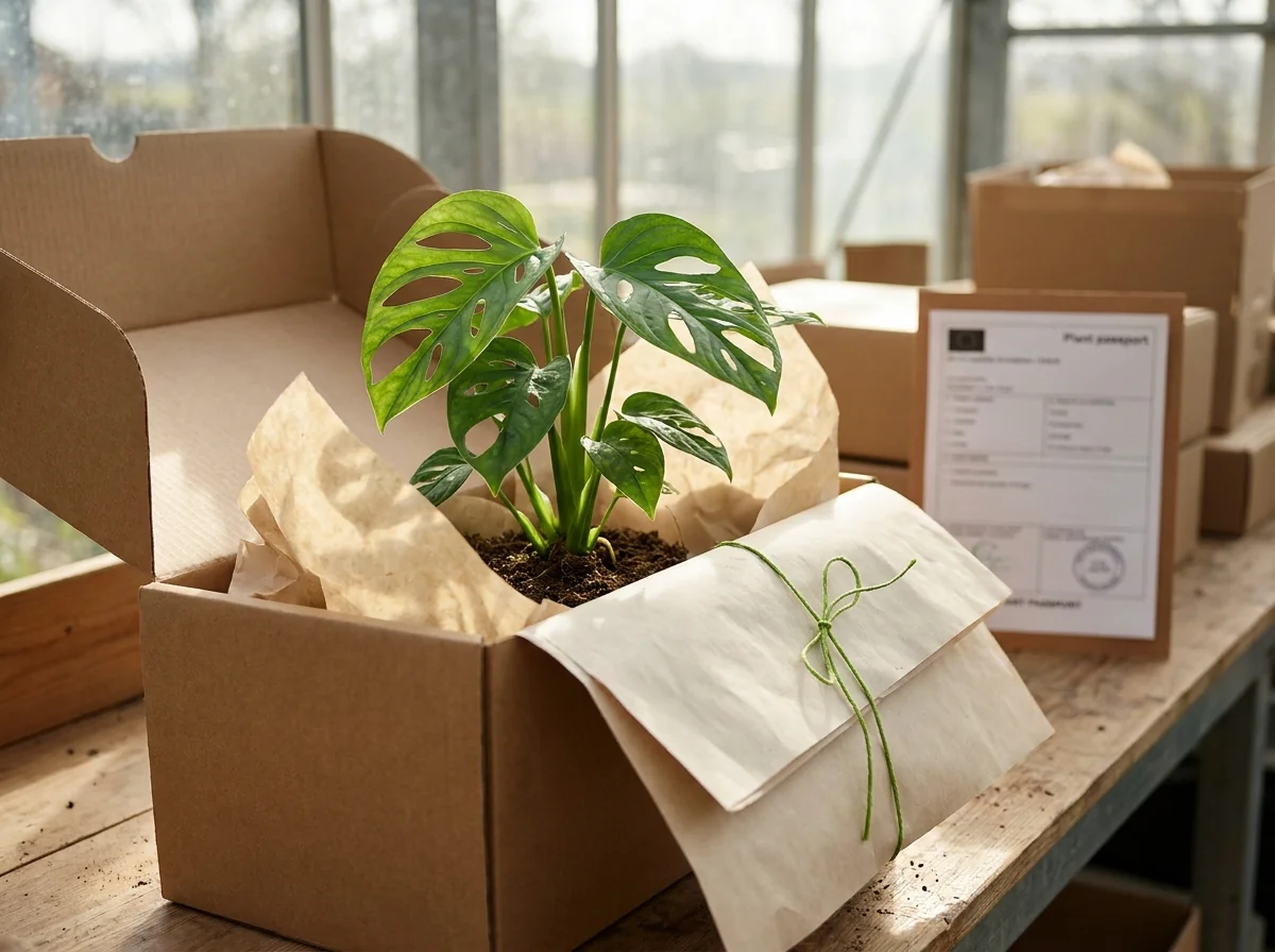 A tropical plant boxed with protective packaging for shipping